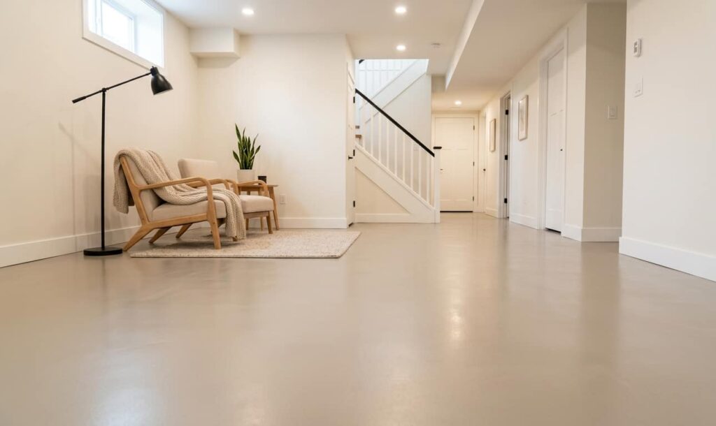view of a finished basement featuring a smooth, light beige concrete coating