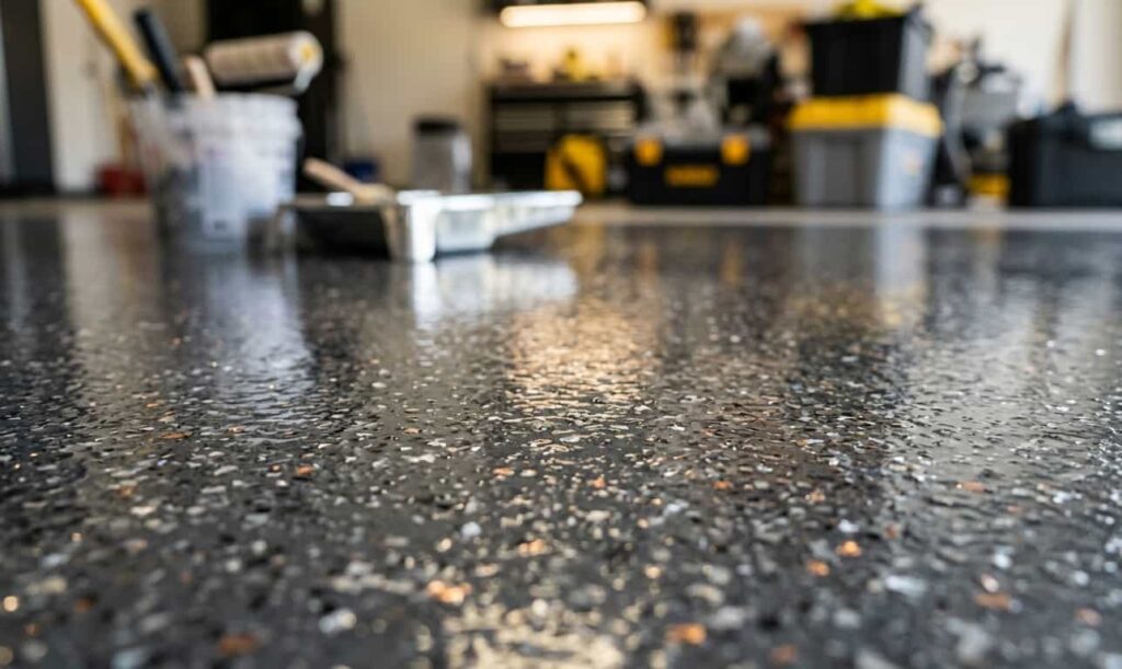 view of a glossy, dark grey concrete coating with decorative metallic flakes