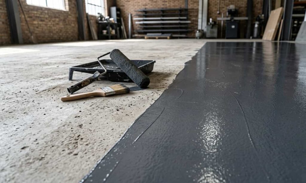 view of a grey epoxy floor coating being applied to a concrete floor