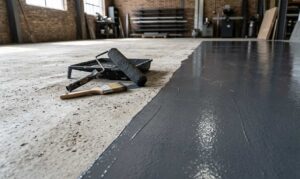 view of a grey epoxy floor coating being applied to a concrete floor