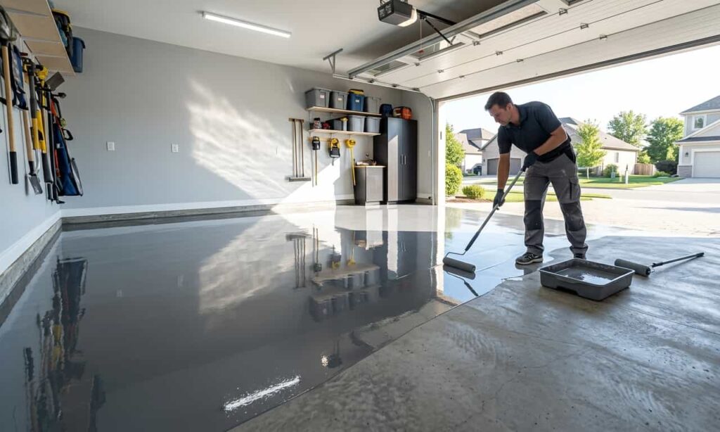 a man using a long-handled roller to apply a glossy grey concrete coating to a garage floor