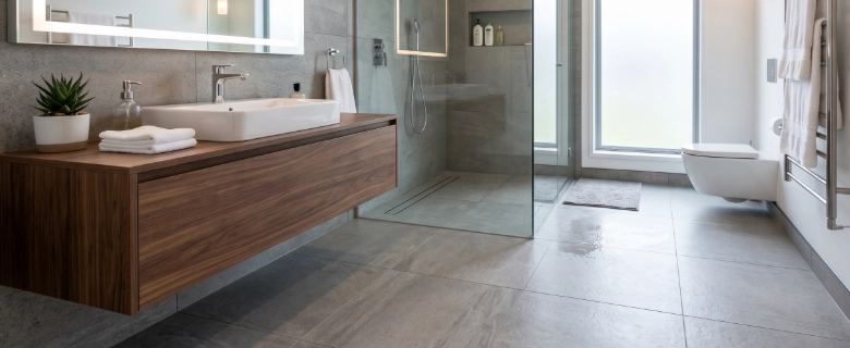 Modern minimalist bathroom with spacious glass shower and sleek waterproof flooring