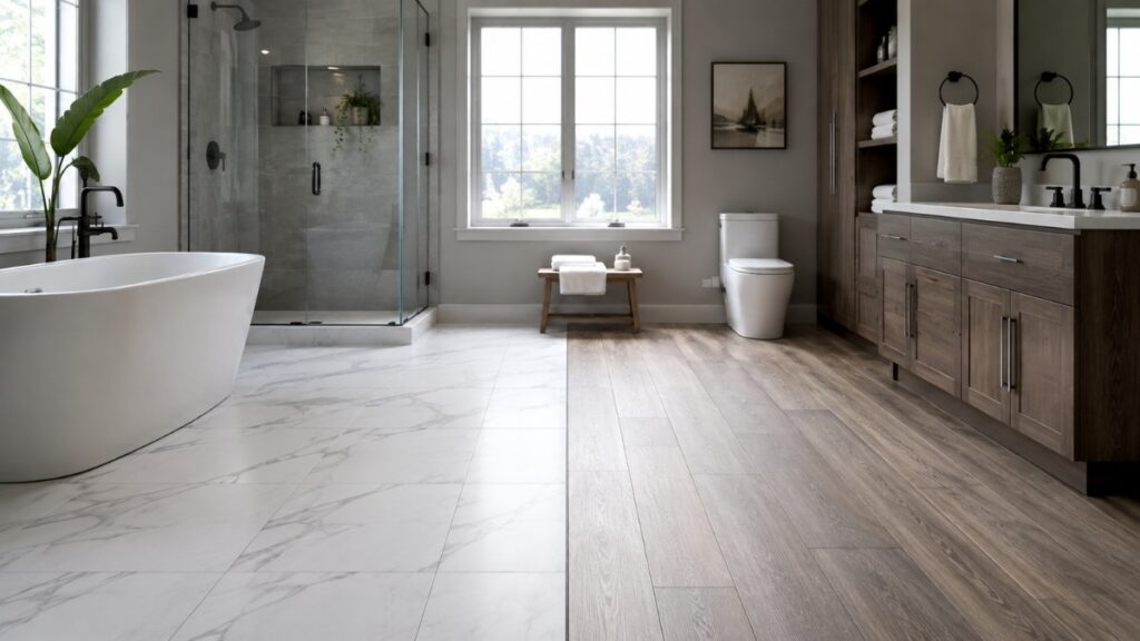 one side with elegant ceramic or porcelain tile flooring and the other side with realistic luxury vinyl plank flooring